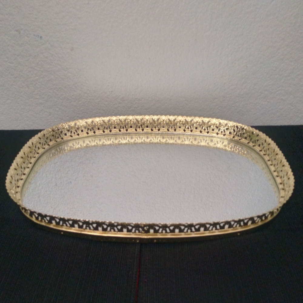 Vanity Tray Vintage Filagree Metal Mirrored - Picture 2 of 7